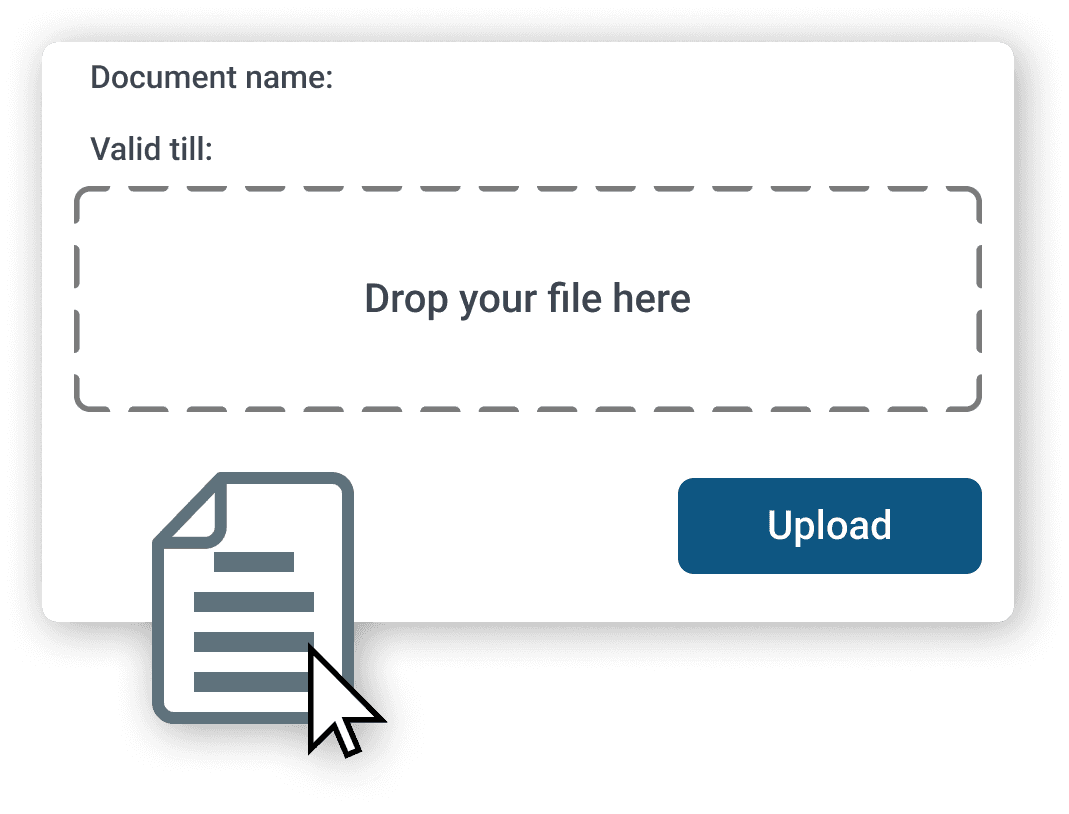 A digital interface for file upload displaying a drop area labeled "Drop your file here," with sections for "Document name" and "Valid till," alongside an "Upload" button and an icon of a document highlighting uploading functionality.