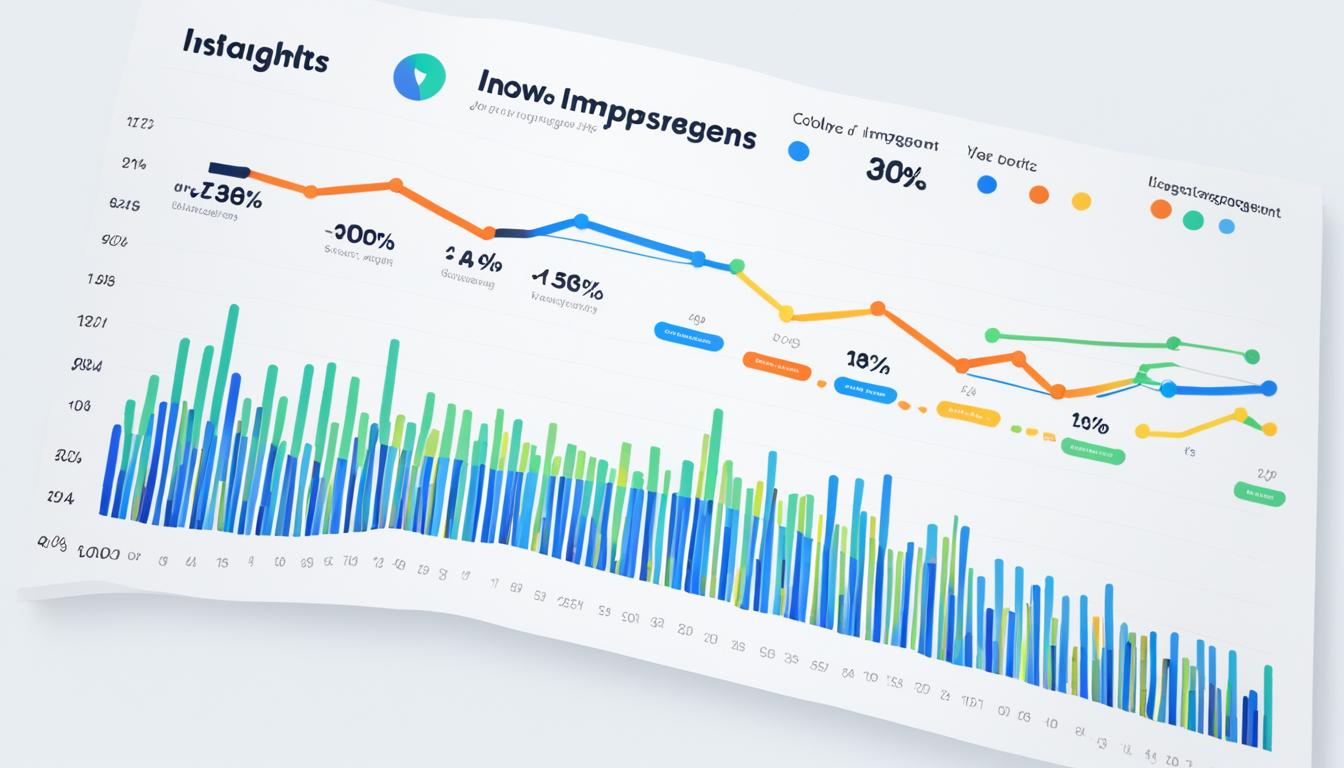 Visualize an Instagram insights dashboard with data points and graphs highlighting the 5 top reasons for low engagement. Use colors like blue, green, yellow, and orange to represent the different metrics. The chart should show the number of likes, comments, shares, reach, and impressions over time. Include a line graph illustrating how engagement has decreased over the past month or quarter. Finally, add some icons like a magnifying glass or fingerprint to emphasize the importance of analytics and understanding your audience.