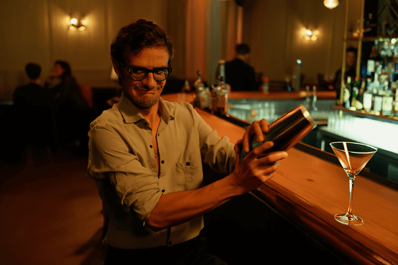 Two screens from a fictional AI mobile app on an orange gradient background