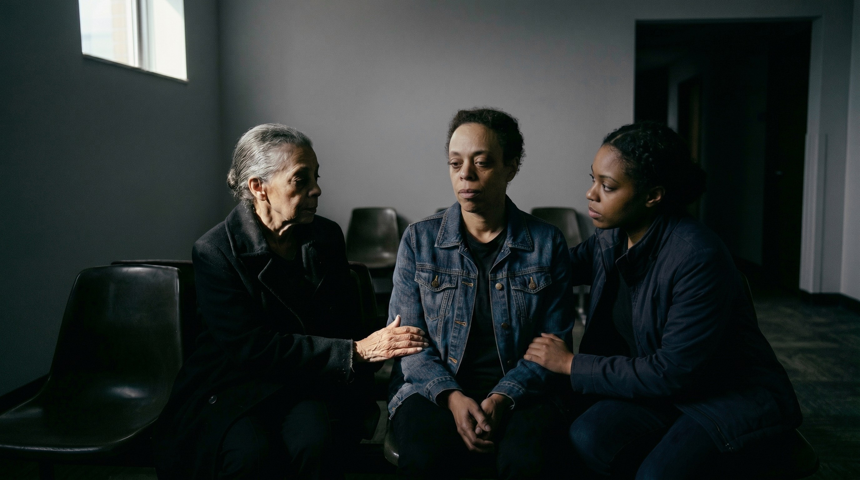 Three individuals sit closely together in a dimly lit room, two offering comfort and support to the third person, creating an atmosphere of empathy and solidarity.