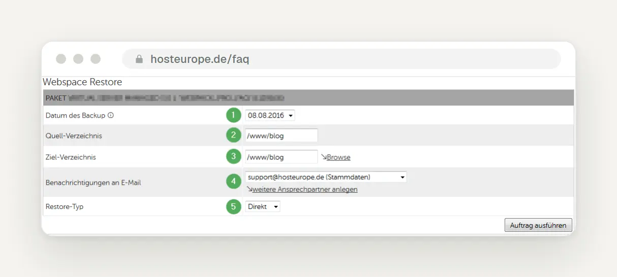 Host Europe KIS, “Webspace Restore”: Form with date, directories, email address, and restore type