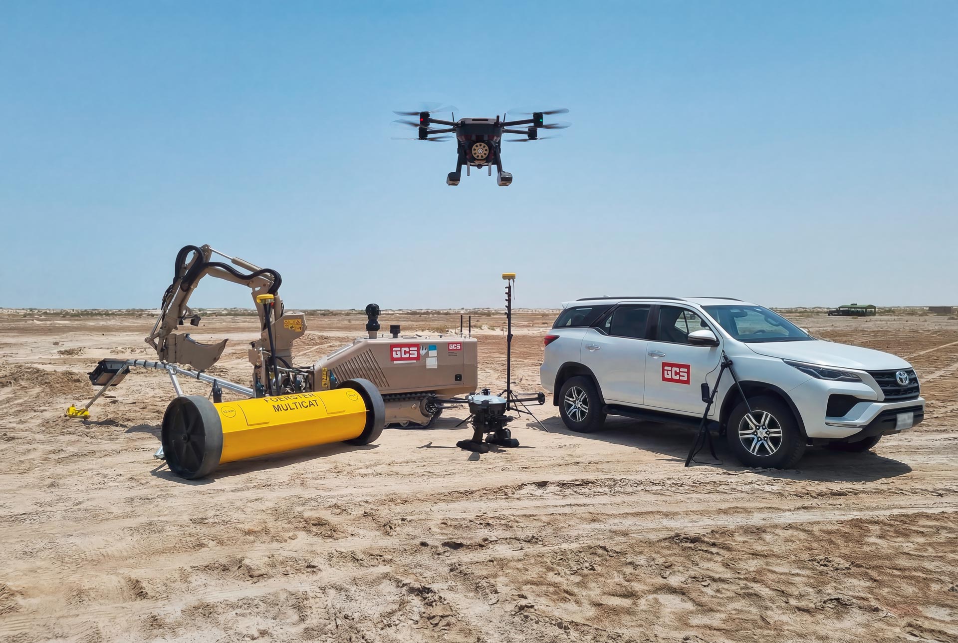 GCS-100 demining platform with manipulator arm and bucket tool, Foerster Multicat sensor and reconnaissance drone during EOD operations in a desert environment.