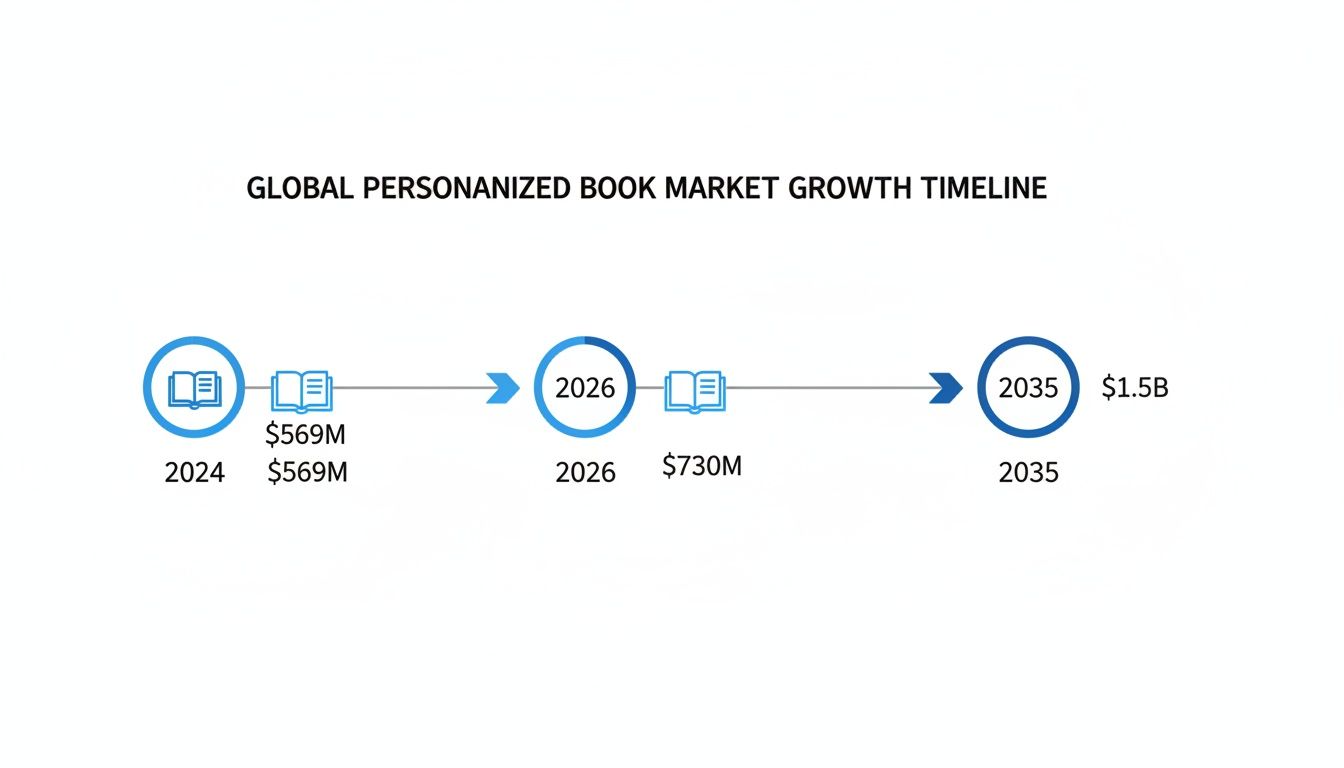 Global personalized book market growth timeline showing market values for 2024, 2026, and 2035.