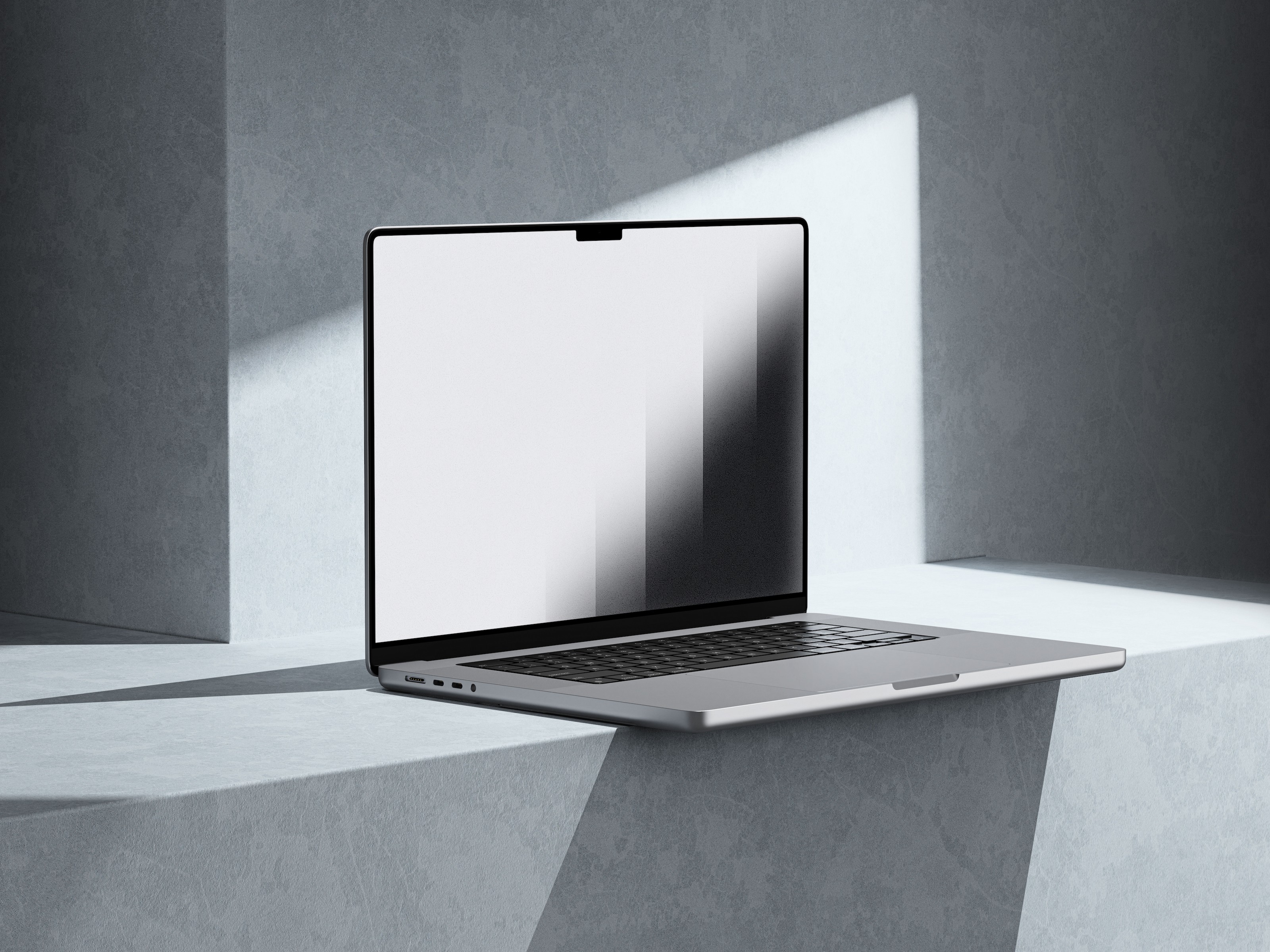 A sleek, modern laptop with a minimalist design sits on a concrete surface, bathed in soft natural light, highlighting its thin screen and compact keyboard.