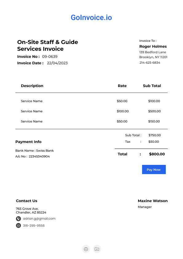 On-Site Staff & Guide Services Invoice