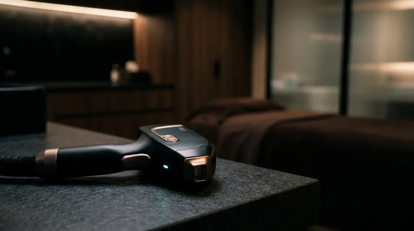 A 1064nm laser handpiece resting on a dark surface in a cinematic, premium aesthetics treatment room.