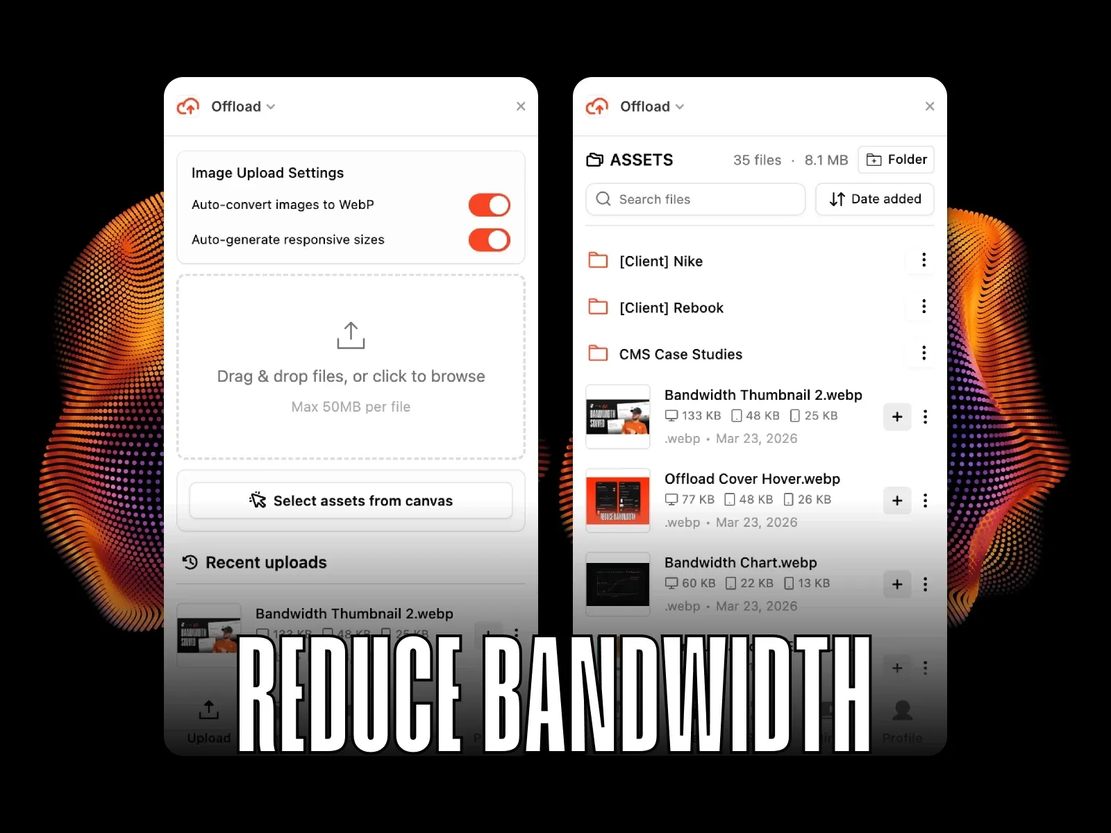 File management interface with upload settings and asset folders.