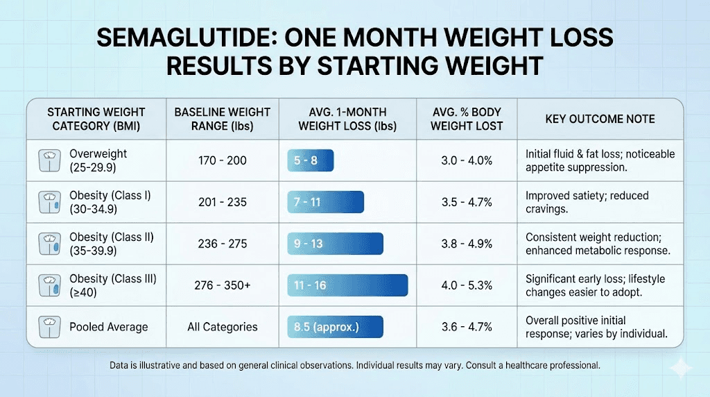 Semaglutide one month weight loss results by starting body weight chart
