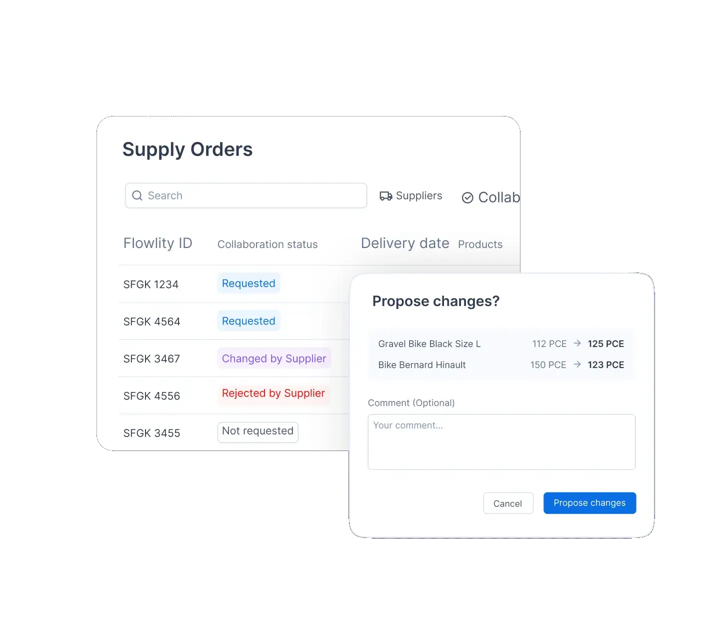 Supply orders dashboard showing requested, changed, and rejected statuses, with a proposal for changes dialog.