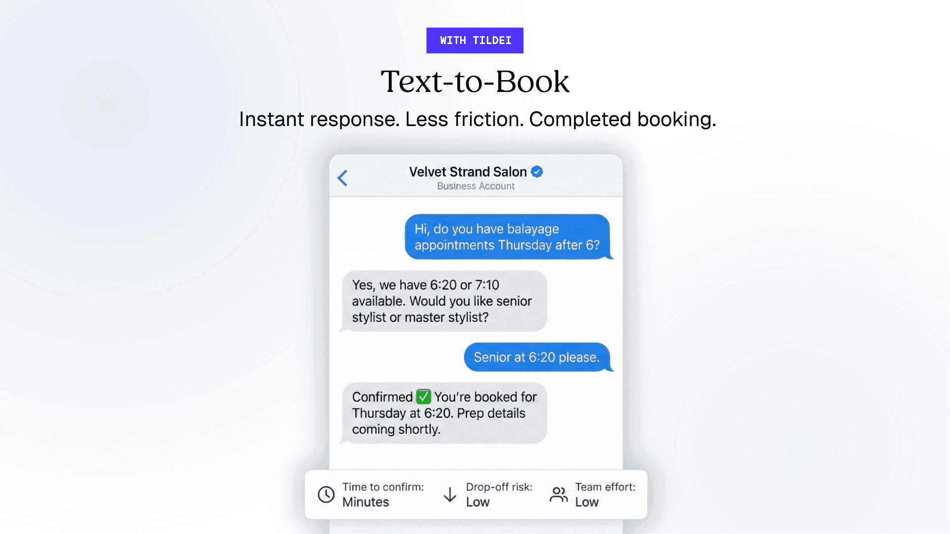 A Runhappy promotional graphic for their "Text-to-Book" feature, showing a Velvet Strand Salon SMS conversation where a customer books a Thursday 6:20pm balayage with a senior stylist in just three messages, with stats showing minutes to confirm, low drop-off risk, and low team effort.