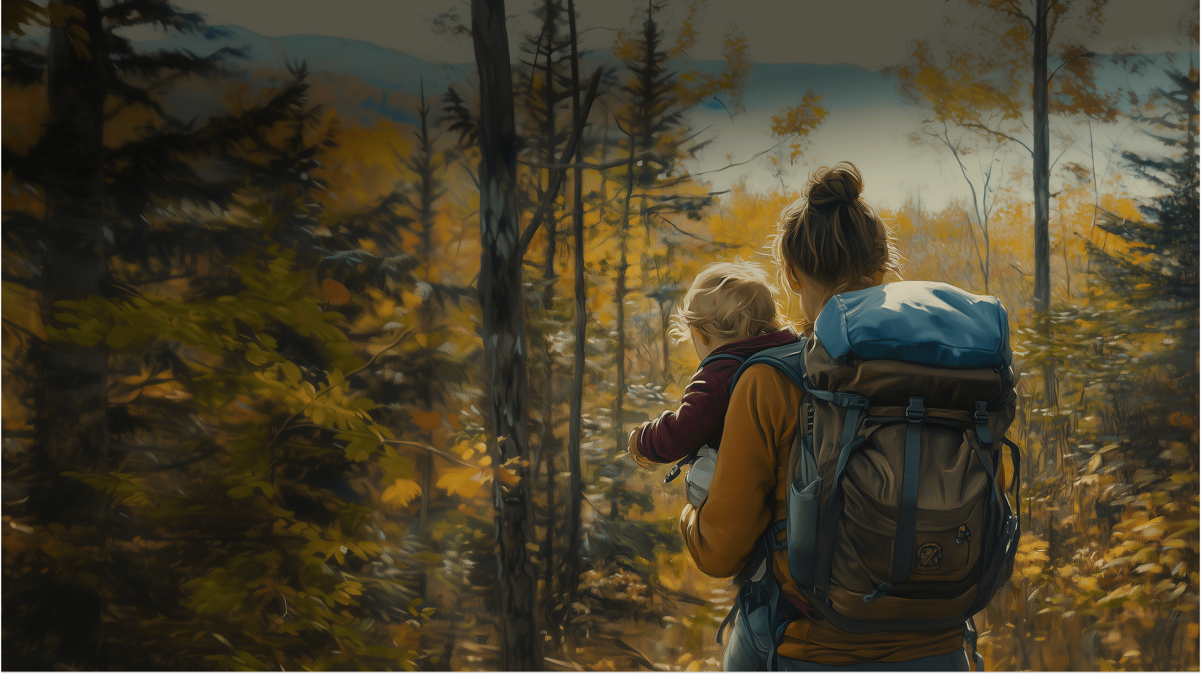 A painting of a family walking in the park.