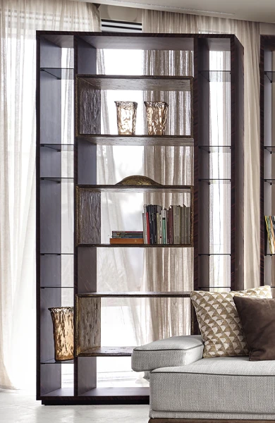 wooden exclusive (الفخامة والتصميم) bookcase with shelves in metal finishing in an urban living room