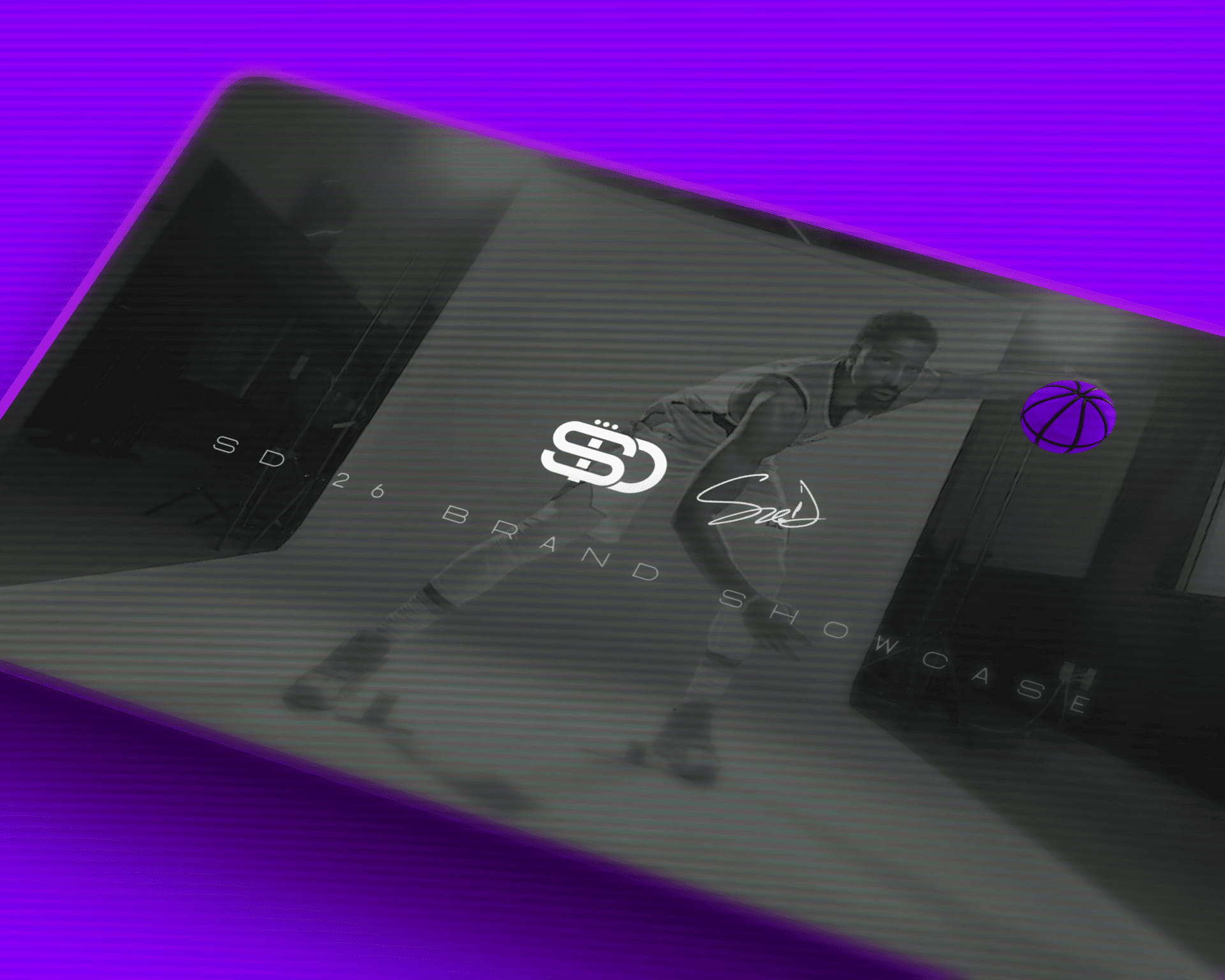 SD.26 brand showcase cover design with Spencer Dinwiddie in defensive stance, SD logo mark, signature, and purple basketball icon on grayscale photography