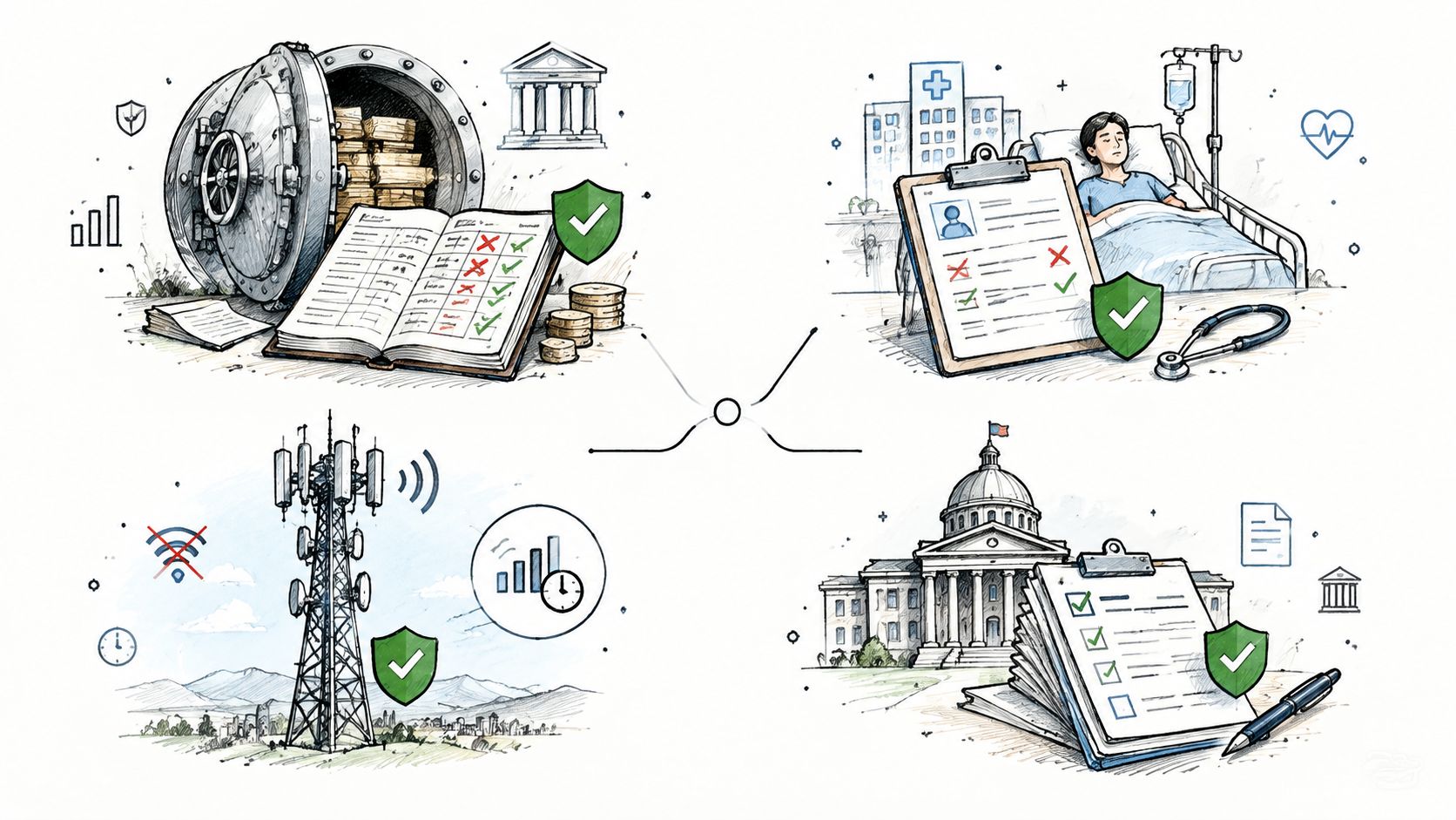 A diagram illustrating data quality standards applied to banking, healthcare, telecommunications, and government sectors with checkmarks.