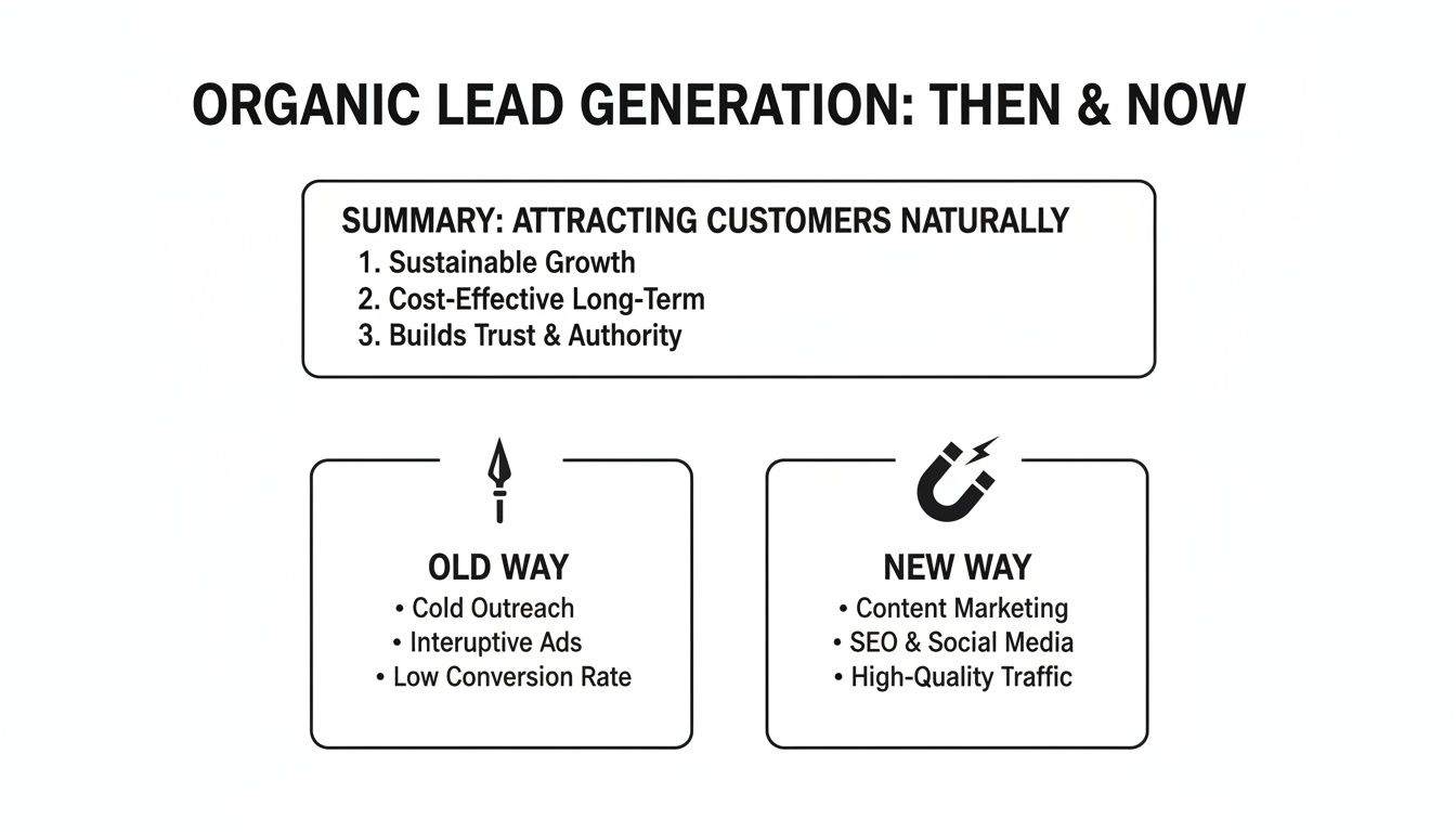 Infographic comparing old and new organic lead generation methods, highlighting natural customer attraction and benefits.
