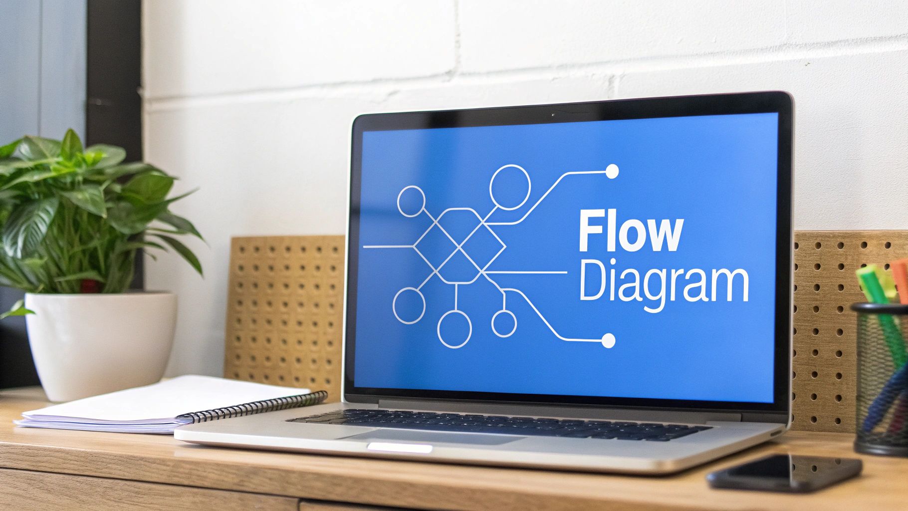 A laptop on a wooden desk displays a 'Flow Diagram' with connected nodes on a blue screen.