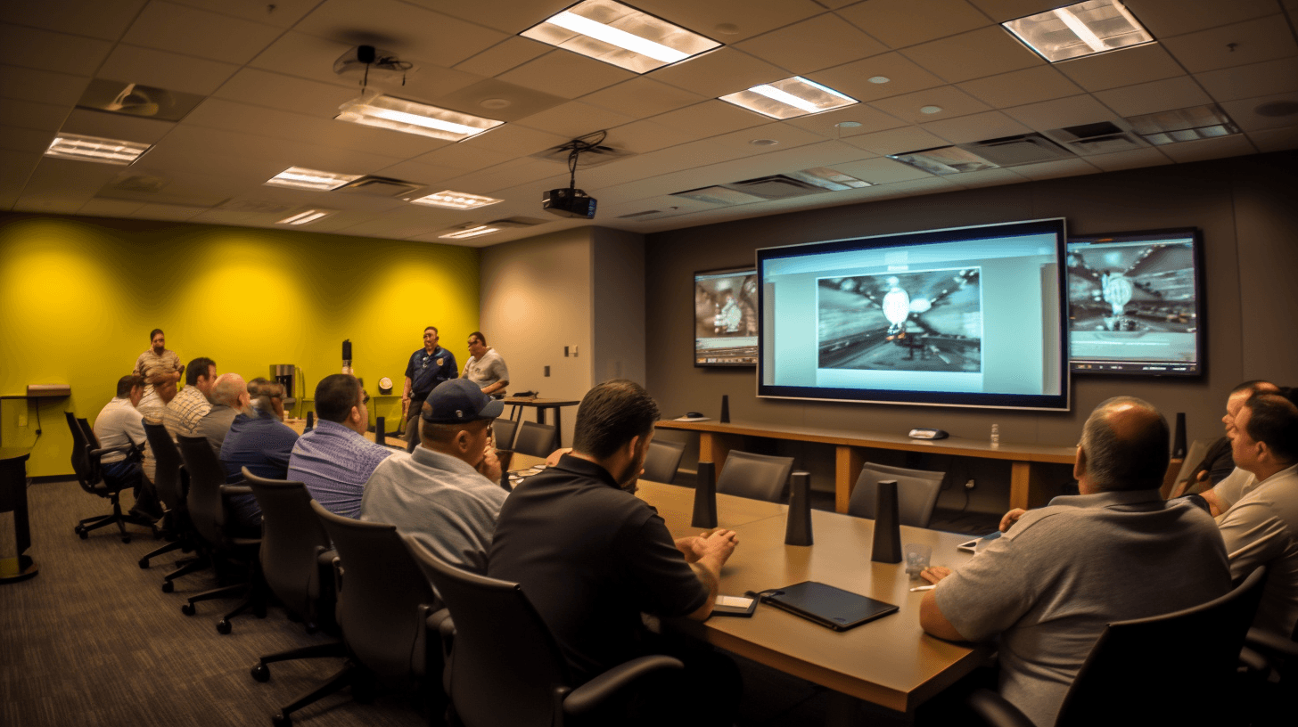 The picture shows a group of people listening to a lecture.