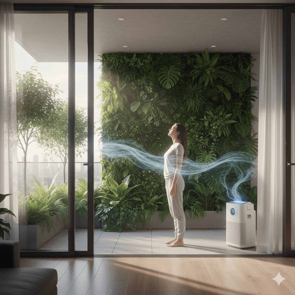 High-rise apartment balcony with vertical garden and air purification system in Sector 113.
