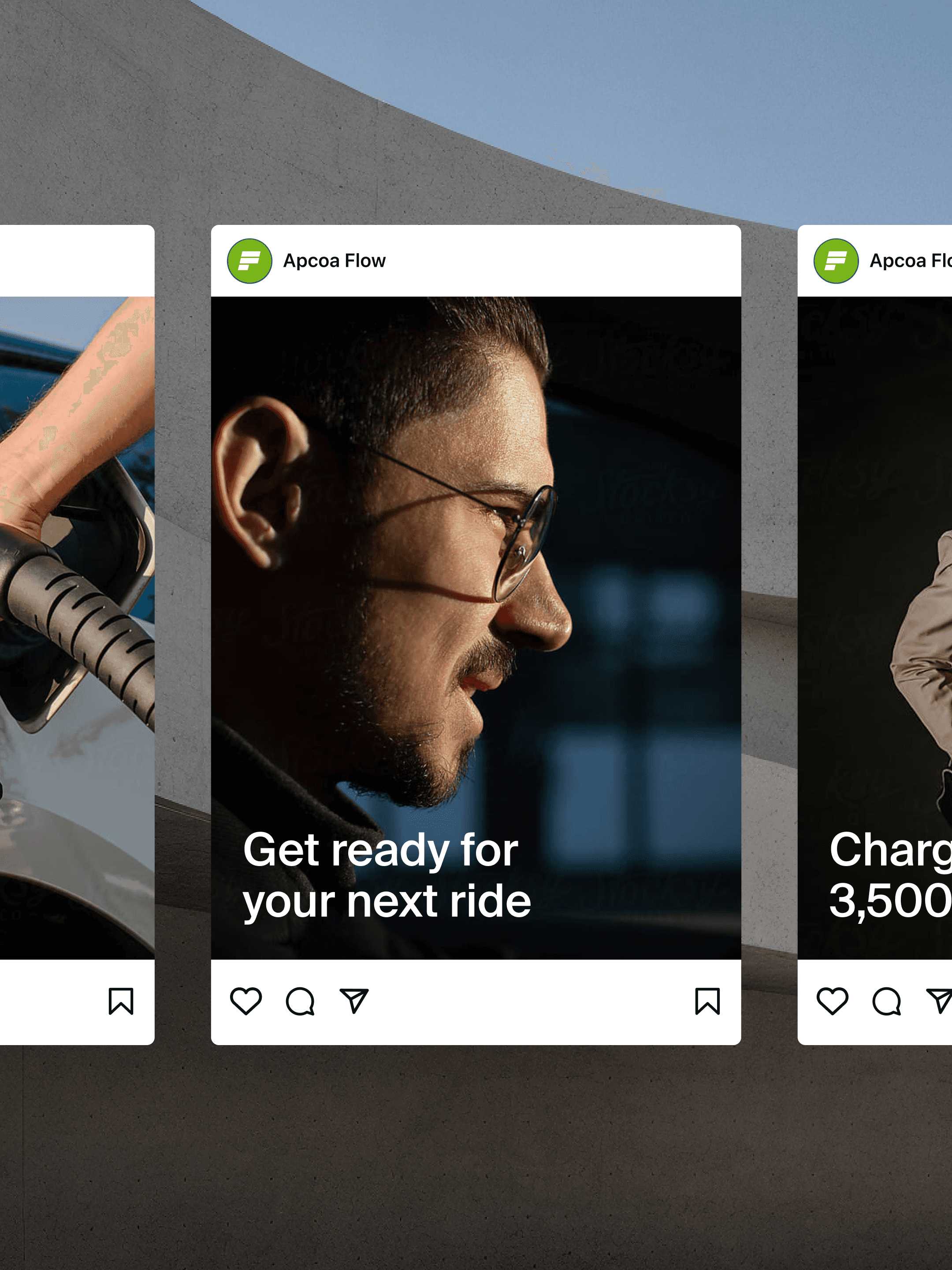 A social media carousel mockup showing the APCOA Flow brand applied to Instagram posts.