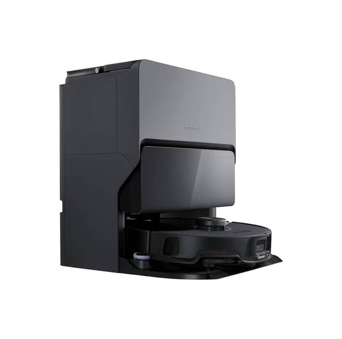 Roborock S8 MaxV Ultra robotstøvsuger på hvid baggrund med selvtømmestation