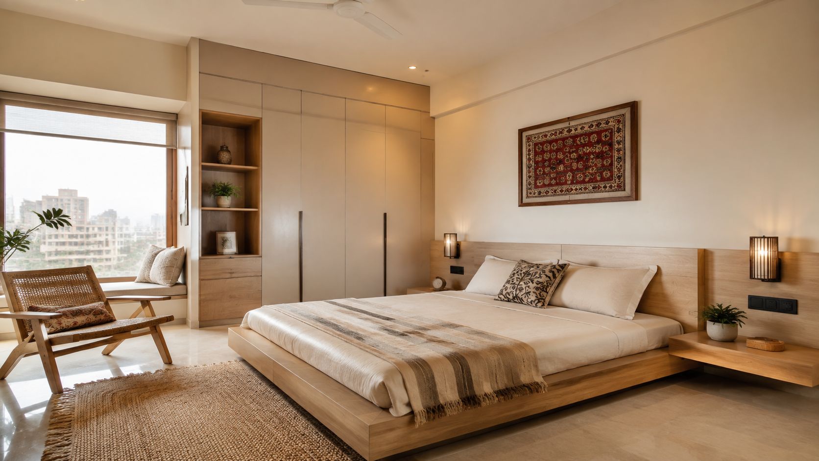 A serene bedroom featuring a low wooden platform bed, minimalist decor, and a neutral color palette.