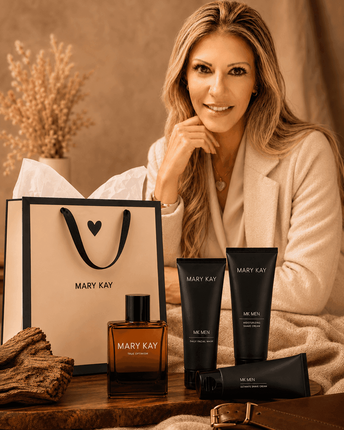 Mari Morales ao lado de uma embalagem de presente, fragrância masculina e produtos de cuidados pessoais Mary Kay