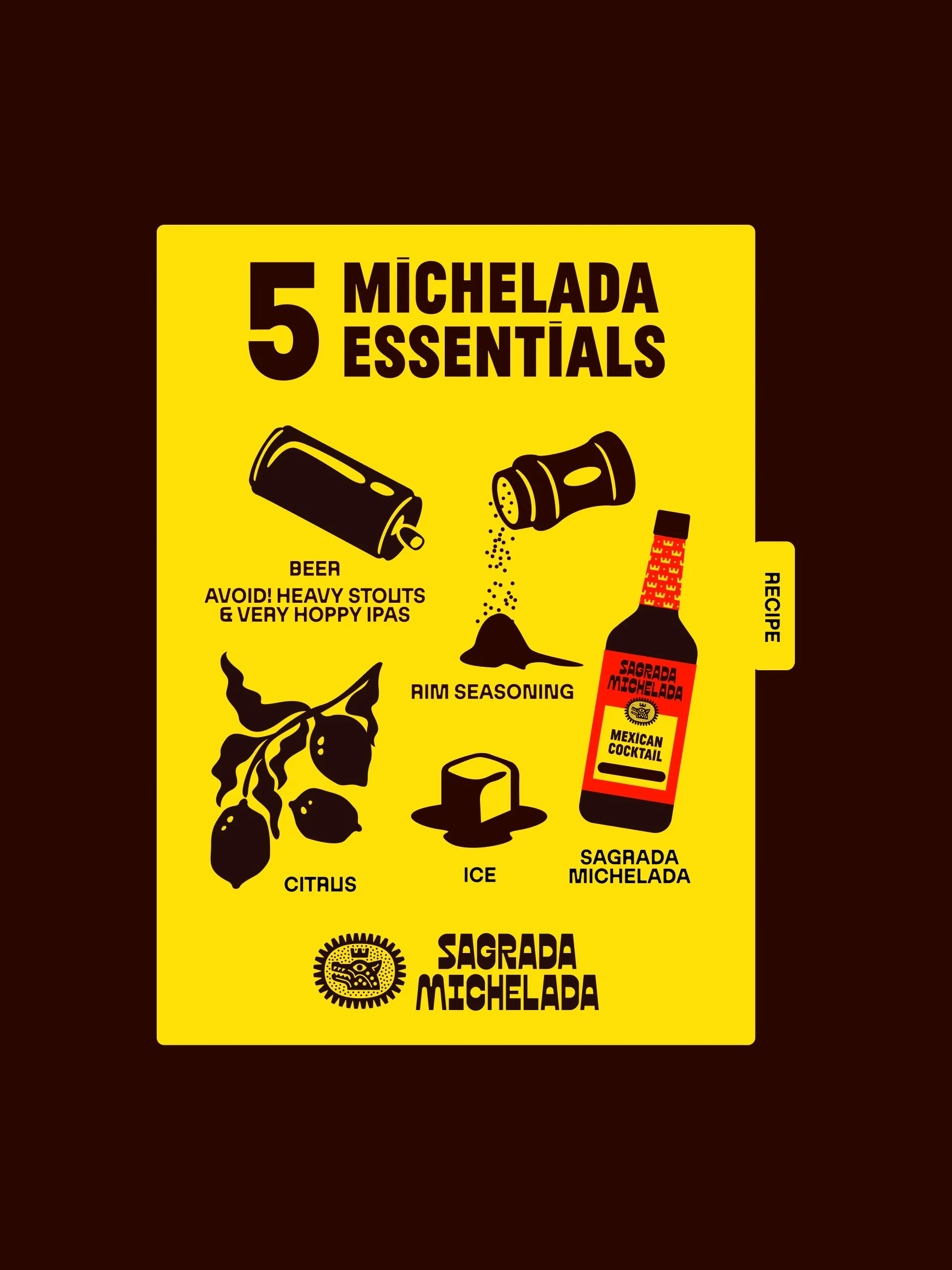 Sagrada Michelada Instagram post listing five michelada essentials with icons on yellow, social media design