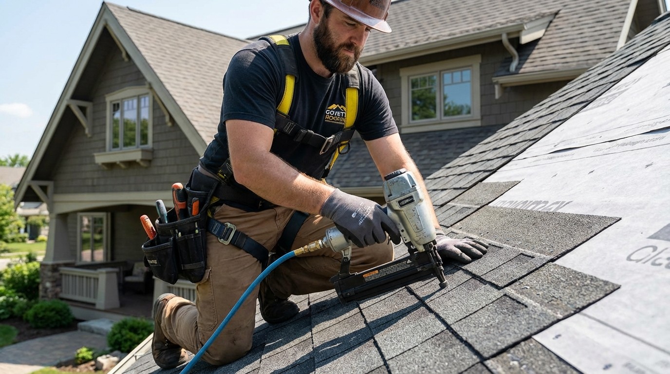 Roofing contractor installing architectural shingles with proper technique