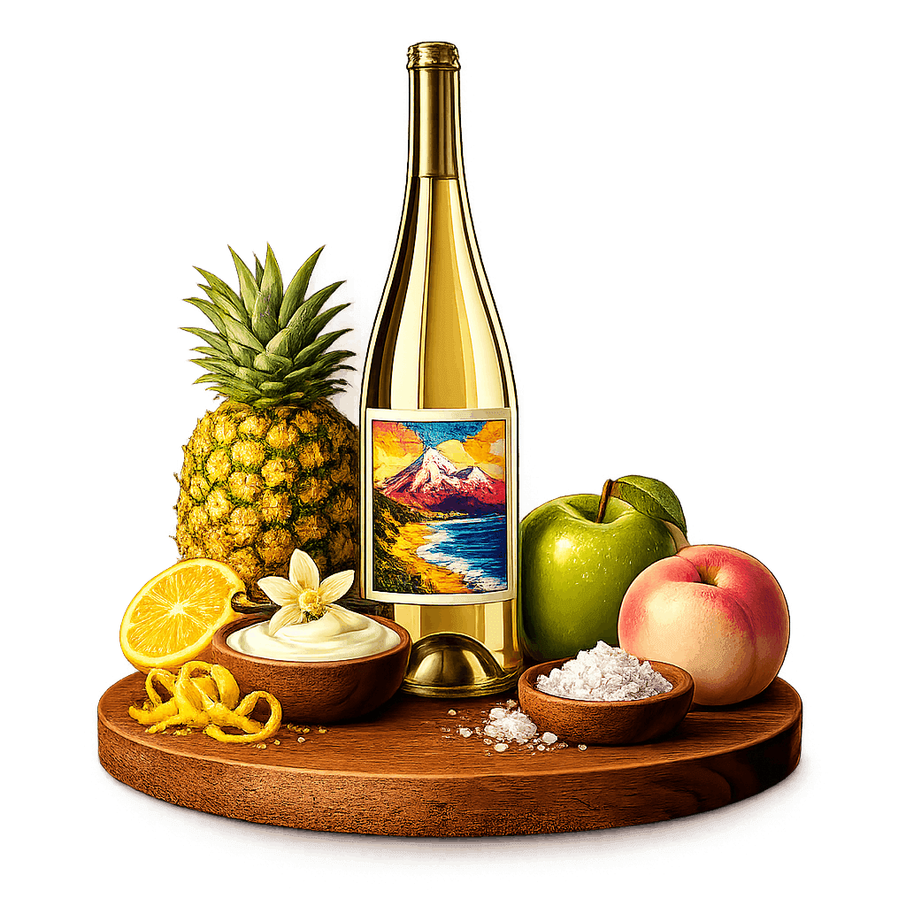 Artistic label and flavor profile for Chilean Chardonnay on a rustic wooden table.