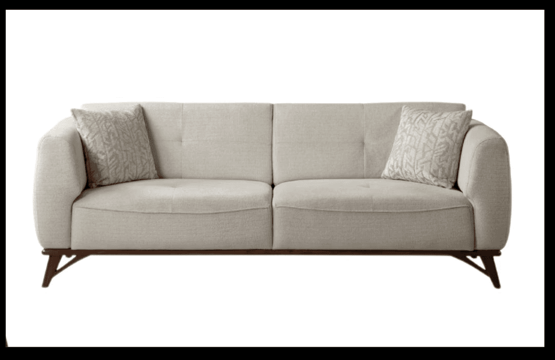 Beige contemporary sofa with sculpted arms and solid wood legs.