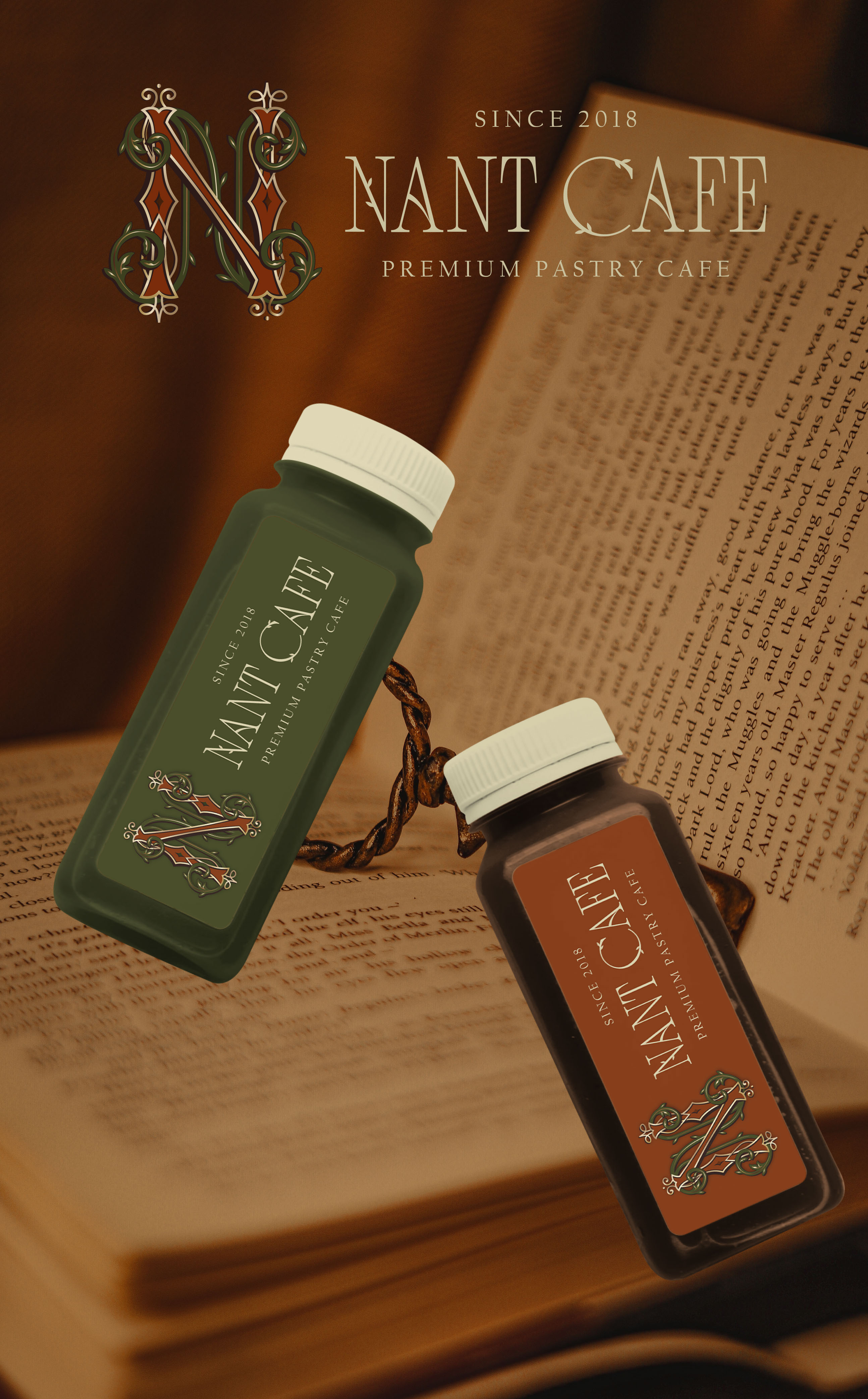 Three minimalist green and beige handbags displayed on pedestals with plants