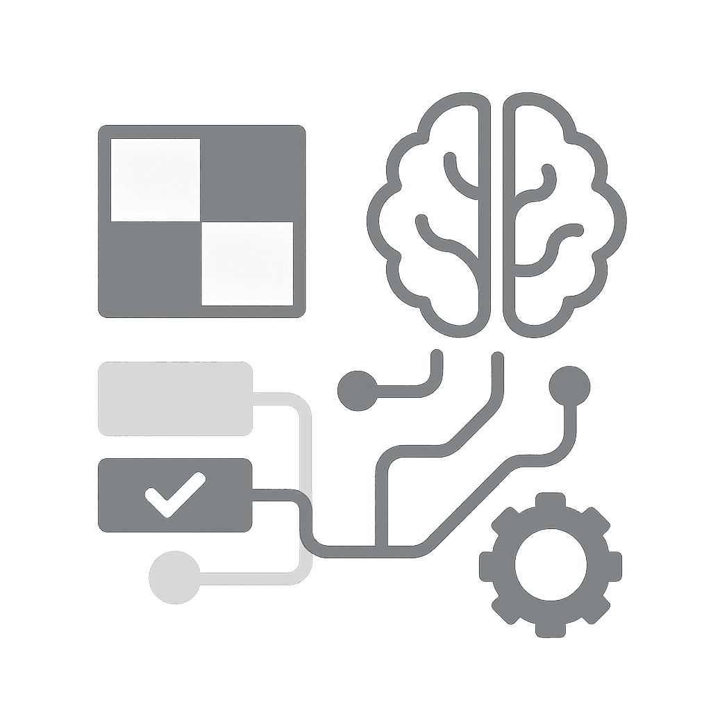 Grafik eines zentralen Mikrochip-Symbols mit „KI“ in der Mitte, von dem aus Verbindungen in Form von Linien und Punkten strahlen – symbolisiert ein neuronales Netzwerk oder Datenverbindungen.