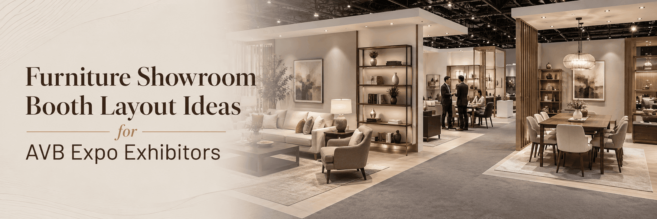 AVB Expo furniture showroom booth layout with room scenes, product zones, visitor walking path, and buyer conversation space