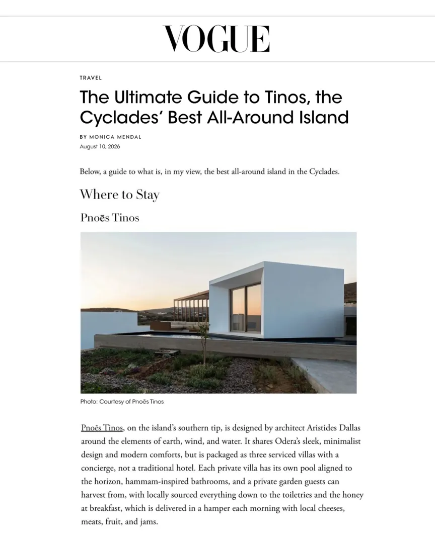Announcement designed by TERAMOK: Vogue: PNOĒS Tinos in the ultimate guide to Tinos