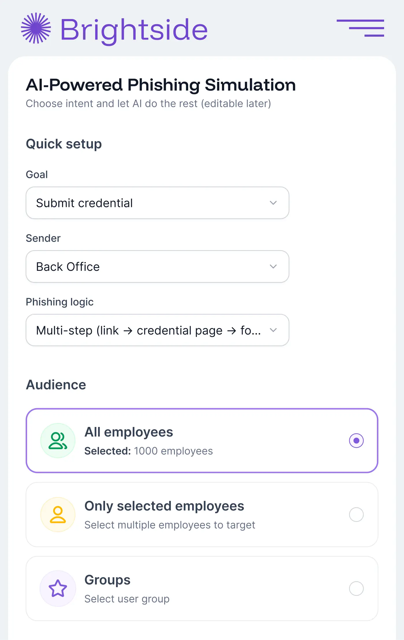 AI-phishing simulation configuration screen with customizable attack scenarios and audience targeting options