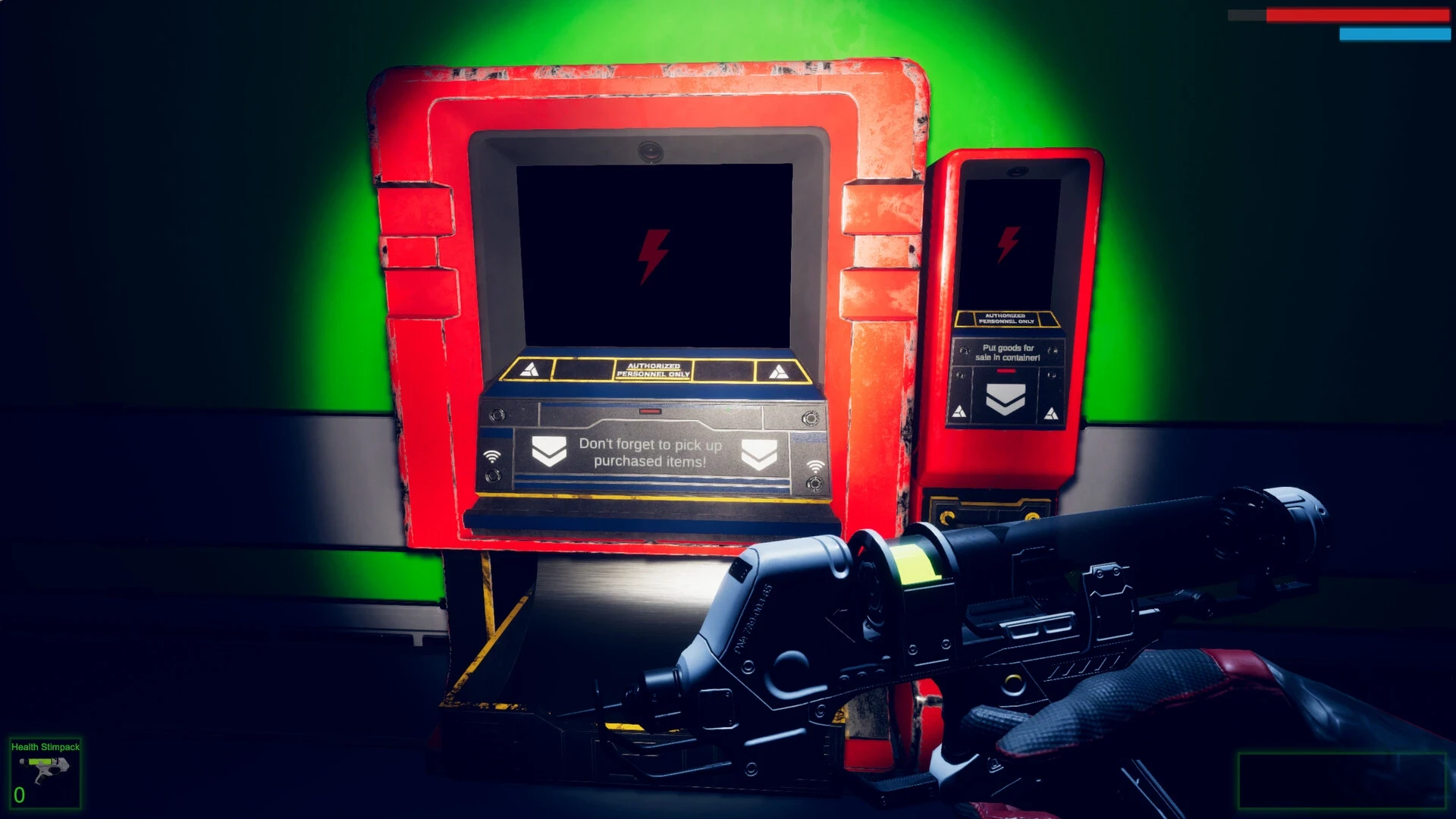 A dimly lit scene of a weathered, red control panel with a black screen displaying a lightning bolt symbol, surrounded by a vibrant green backdrop, next to a smaller, red device, with futuristic gaming equipment partially visible in the foreground.