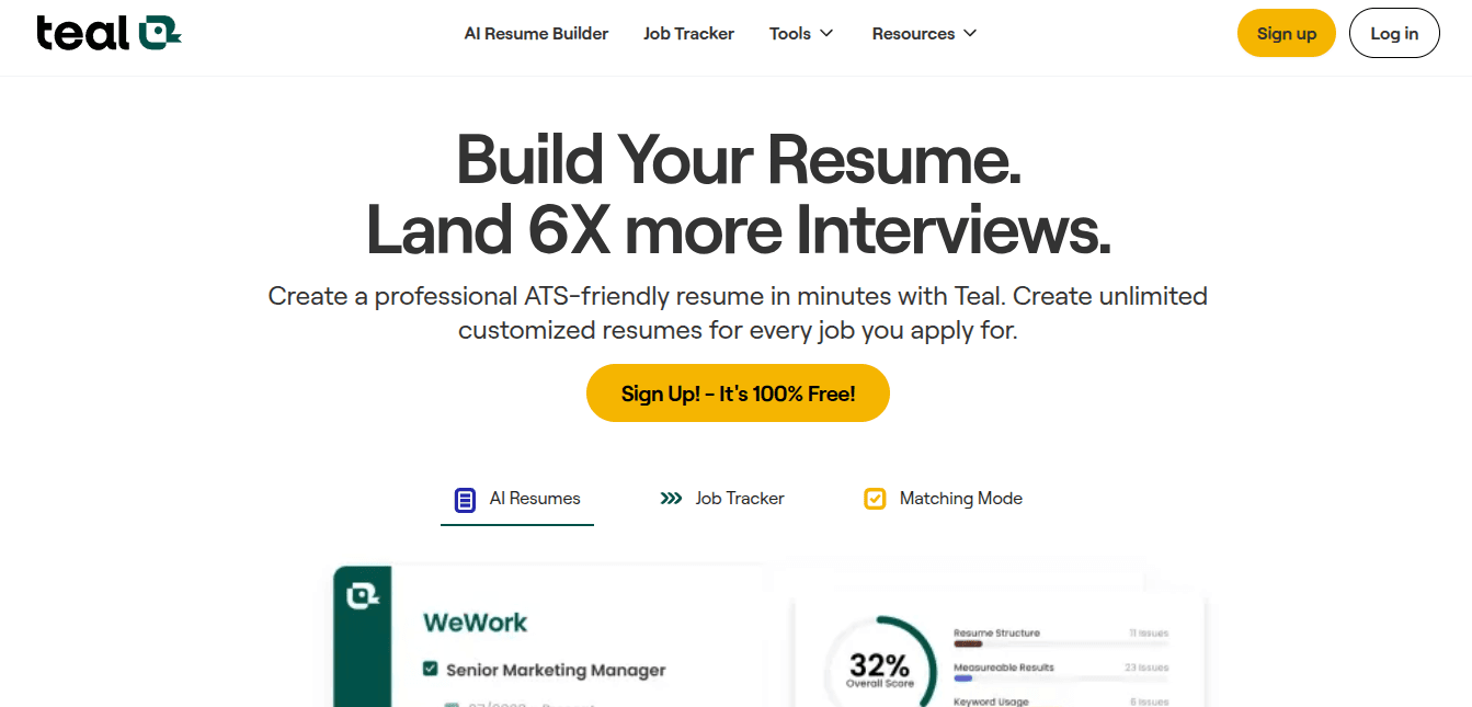 Teal homepage showing its free AI resume builder, job tracker and a resume scored 32% in matching mode
