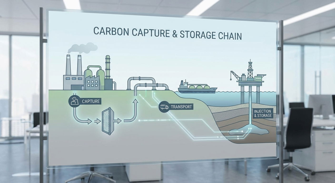 mid-article conceptual illustration of the CO2 capture, transport, and storage chain described