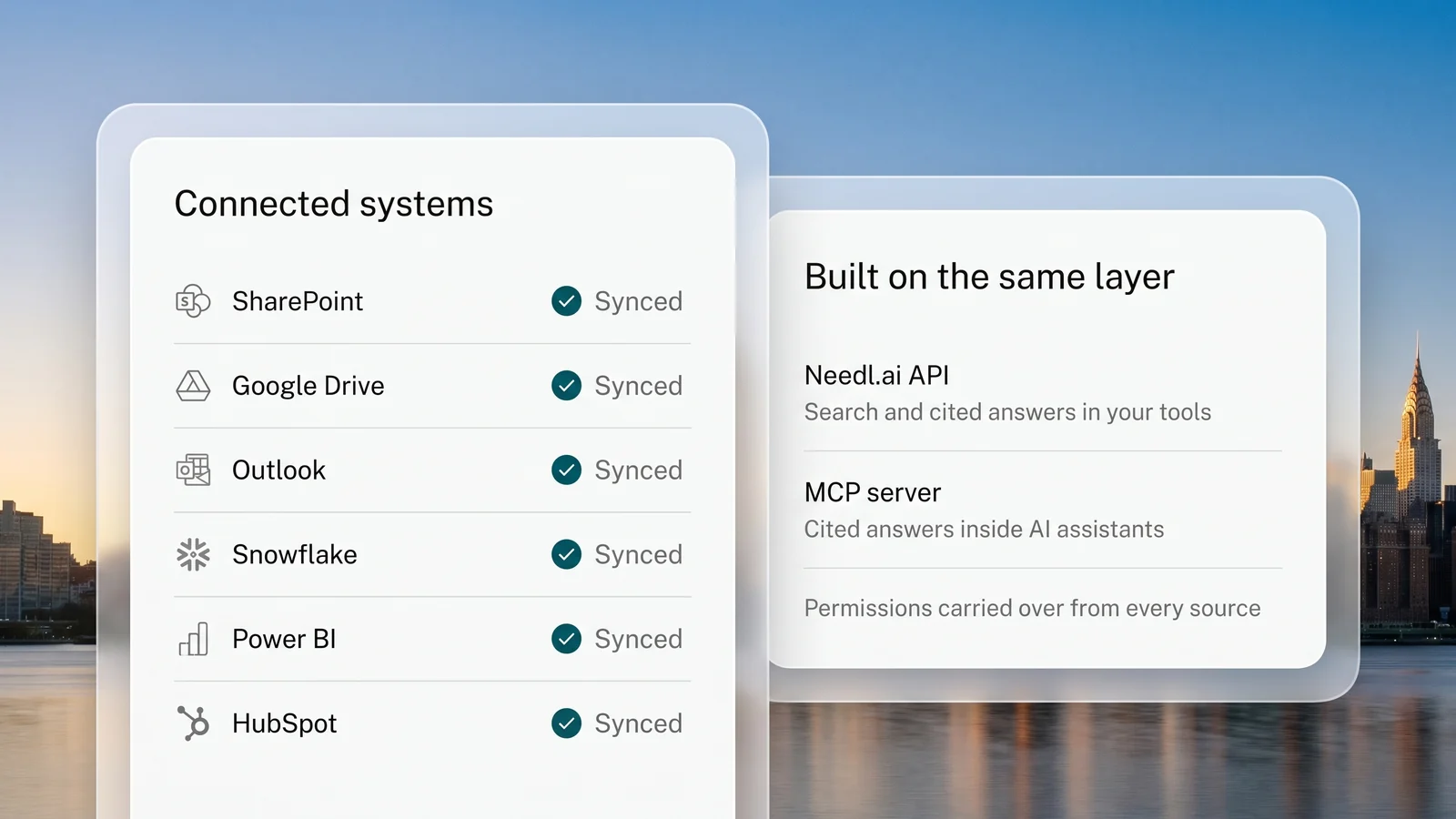 Needl.ai connected to SharePoint, Google Drive, Outlook, Snowflake, Power BI and HubSpot, with the API and MCP server built on the same layer