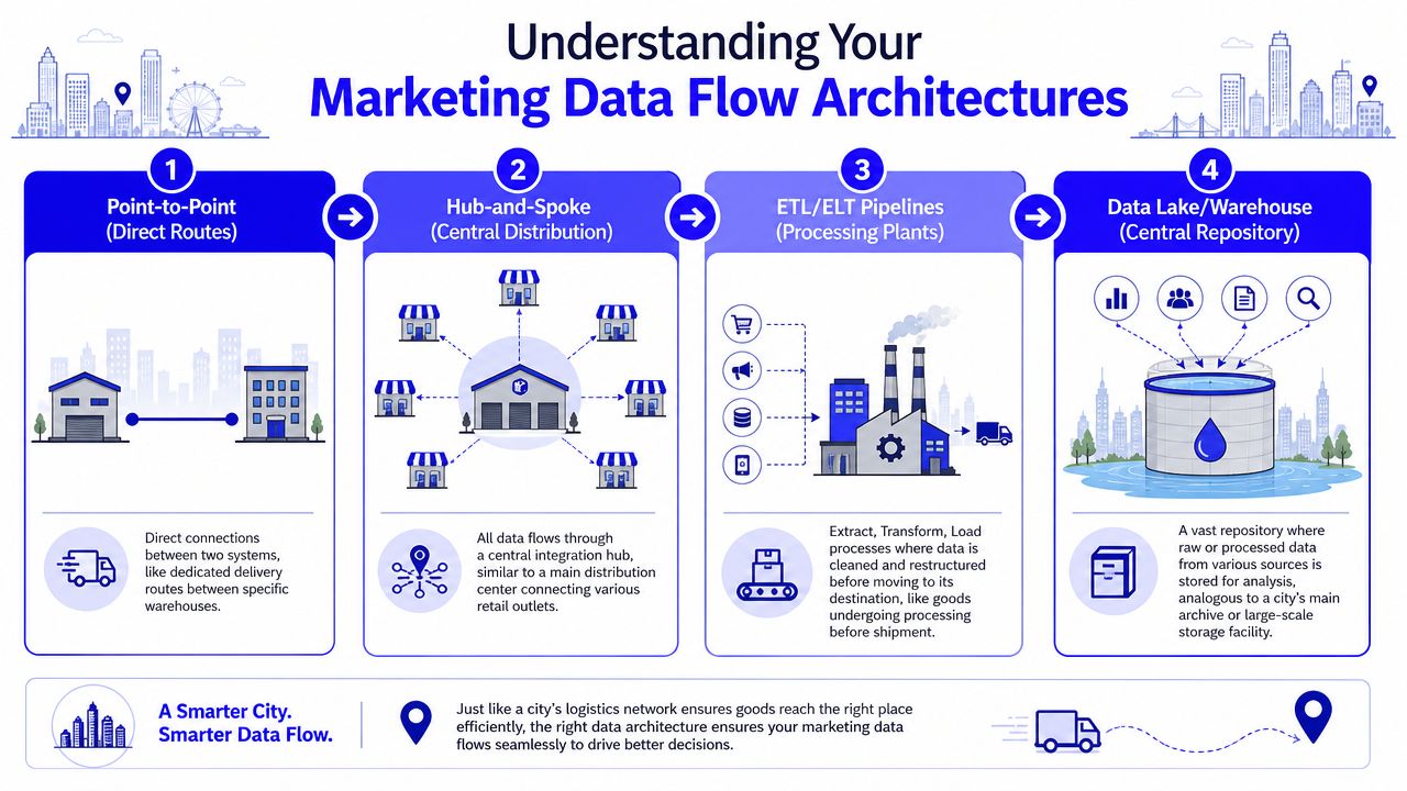 An infographic illustrating four common marketing data flow architectures for businesses, including point-to-point, hub-and-spoke, pipelines, and warehouses.