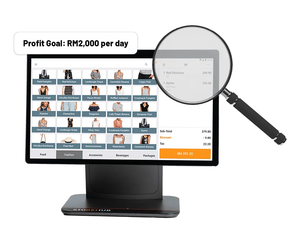 StoreHub enterprise POS system showing sales transactions, product catalogue, and daily profit tracking.