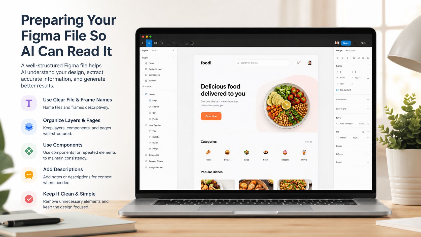 A laptop screen displaying a structured Figma design file, illustrating best practices for AI-ready design workflows.