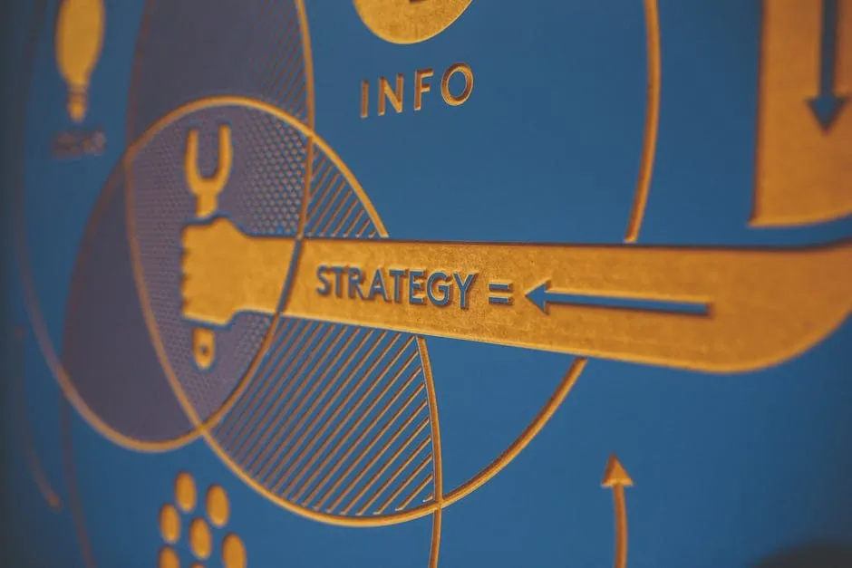 Close-up of a blue and orange infographic showing a stylized hand holding a tool with the word “STRATEGY =” pointing left, surrounded by overlapping circles and arrows, representing data flow and information strategy concepts