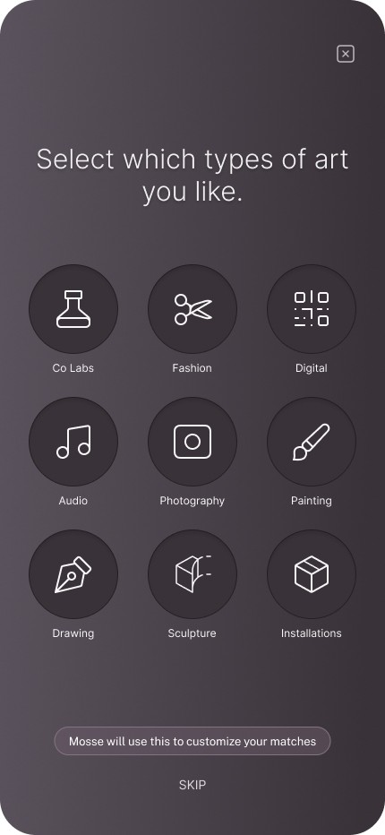 A monochrome screen featuring icons that invite users to select their favorite art styles during the initial Matchmaking phase.