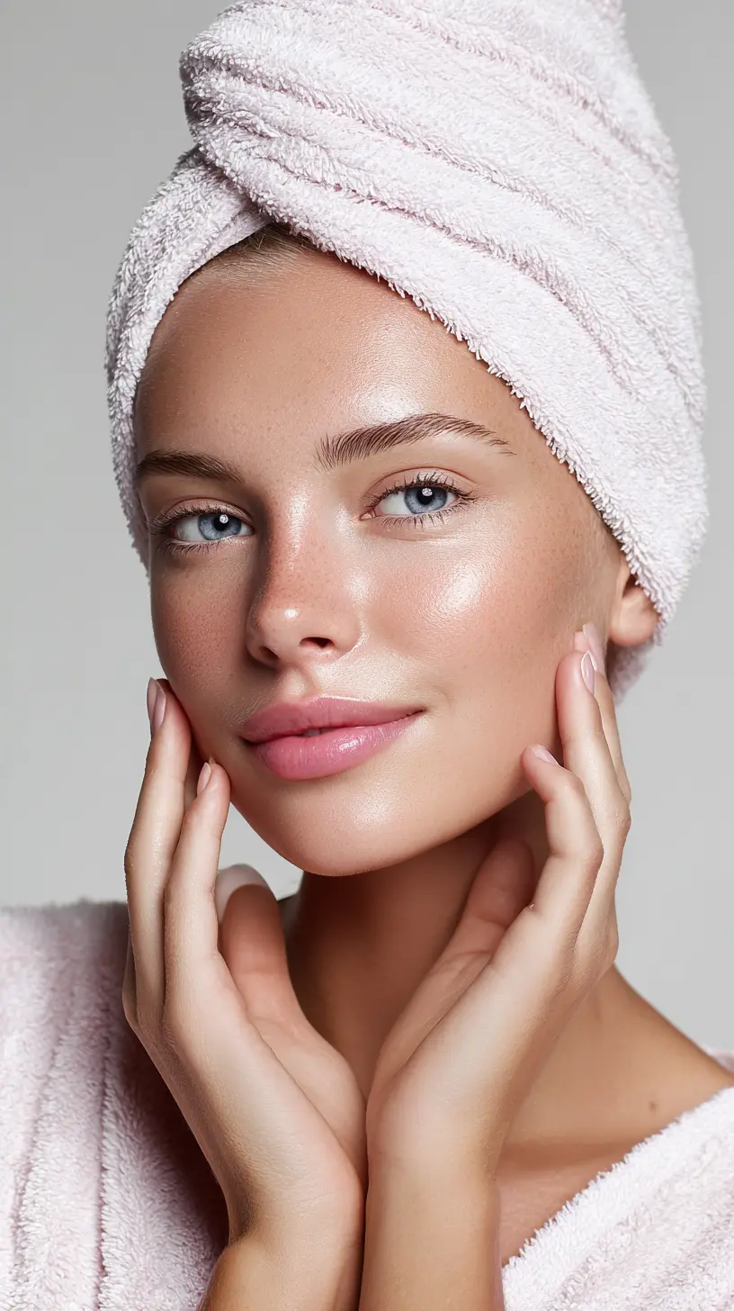 Woman with clear glowing skin after skincare routine.