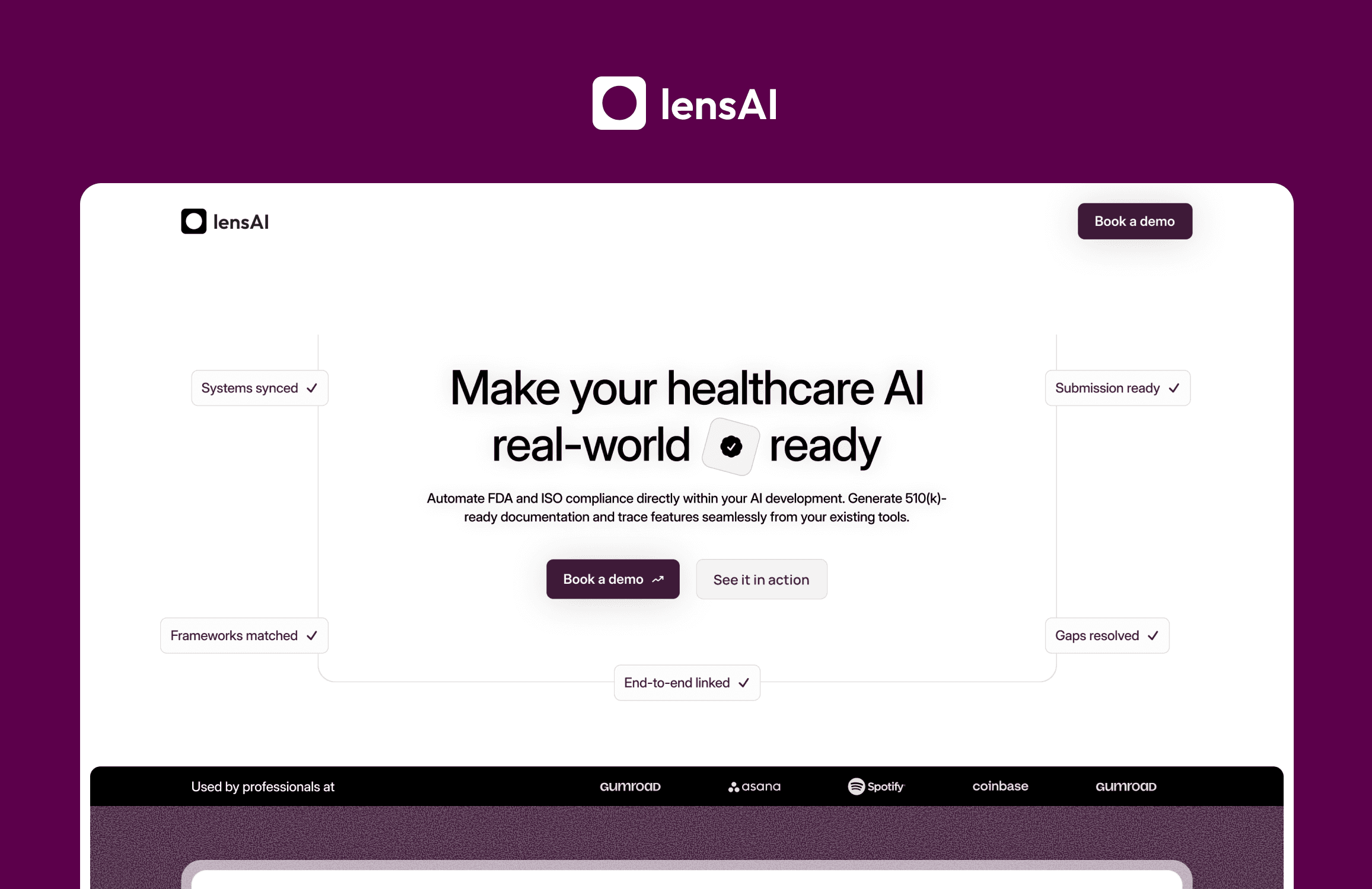 The image features a website interface for "lensAI" showcasing a bold headline about healthcare AI readiness, with buttons labeled "Book a demo" and several interconnected system status indicators.