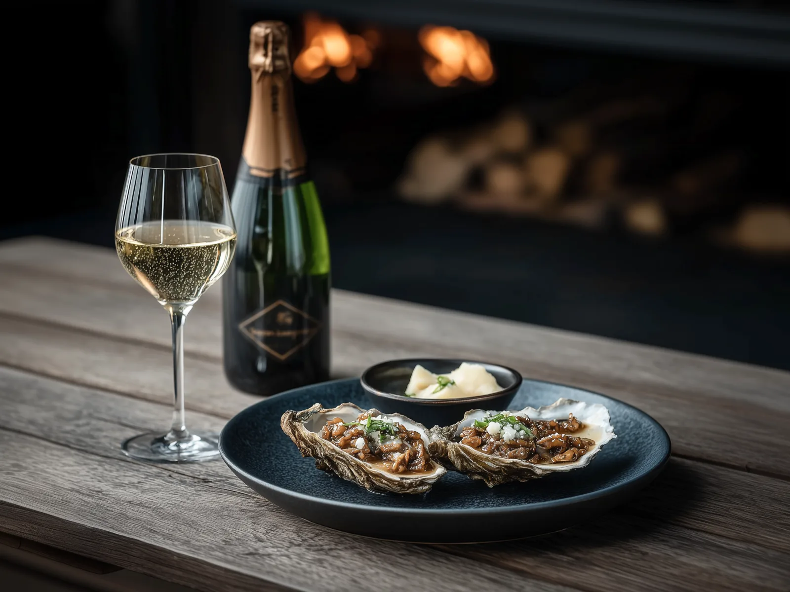 A plate of oysters next to a bottle of champagne