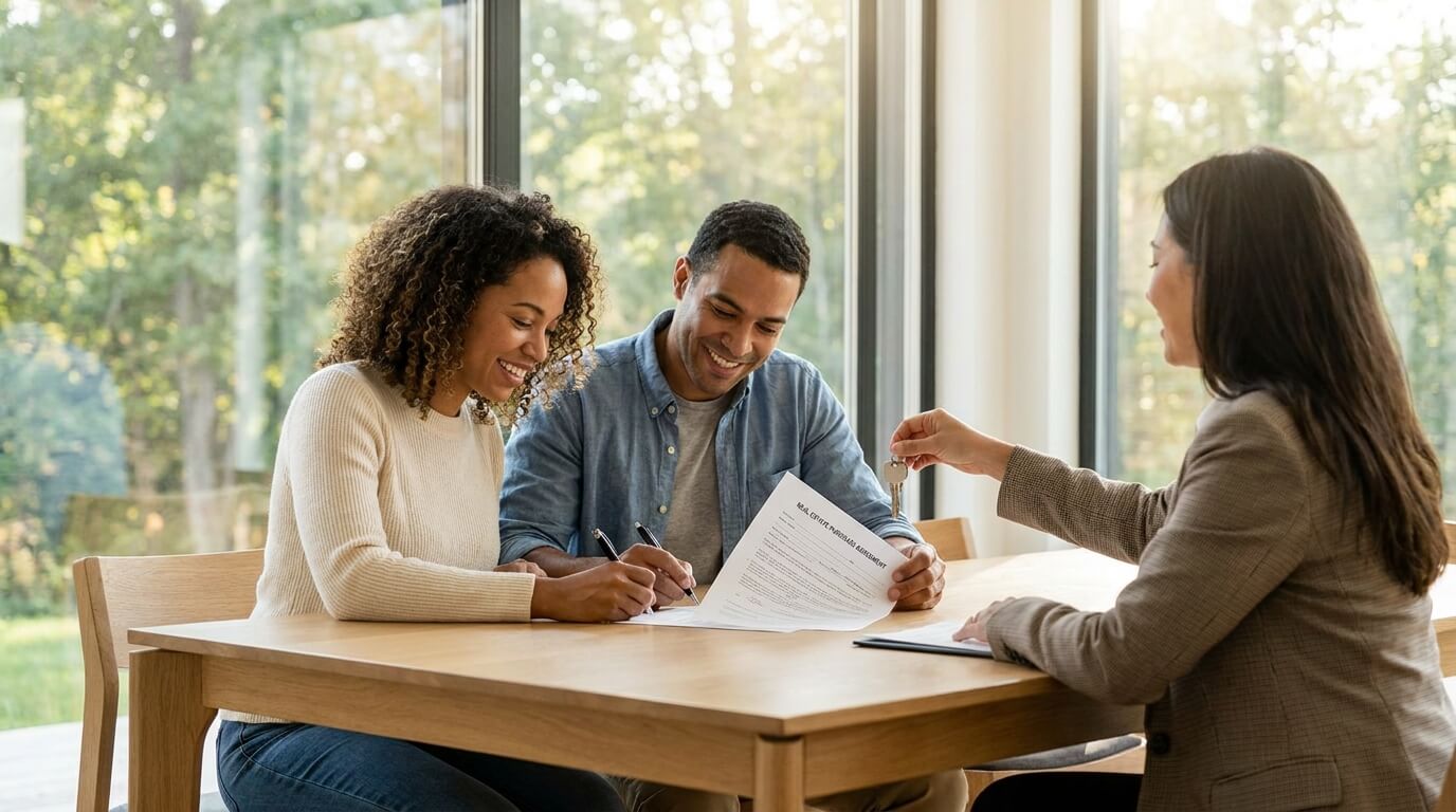 Casal sorridente em um apartamento moderno assinando contrato de financiamento imobiliário Santander e recebendo as chaves do corretor.