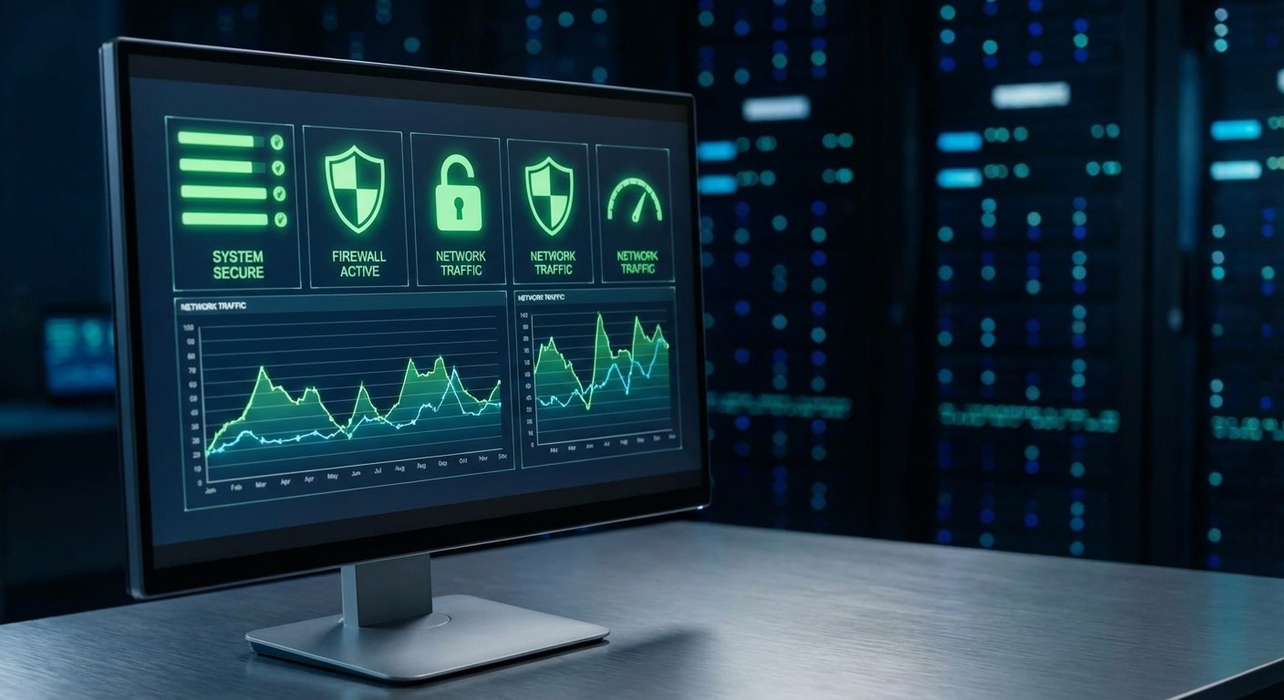 Ein Monitor zeigt Systemstatus und Sicherheits-Dashboards mit grünen Indikatoren an, überwacht in einer modernen Server-Umgebung.