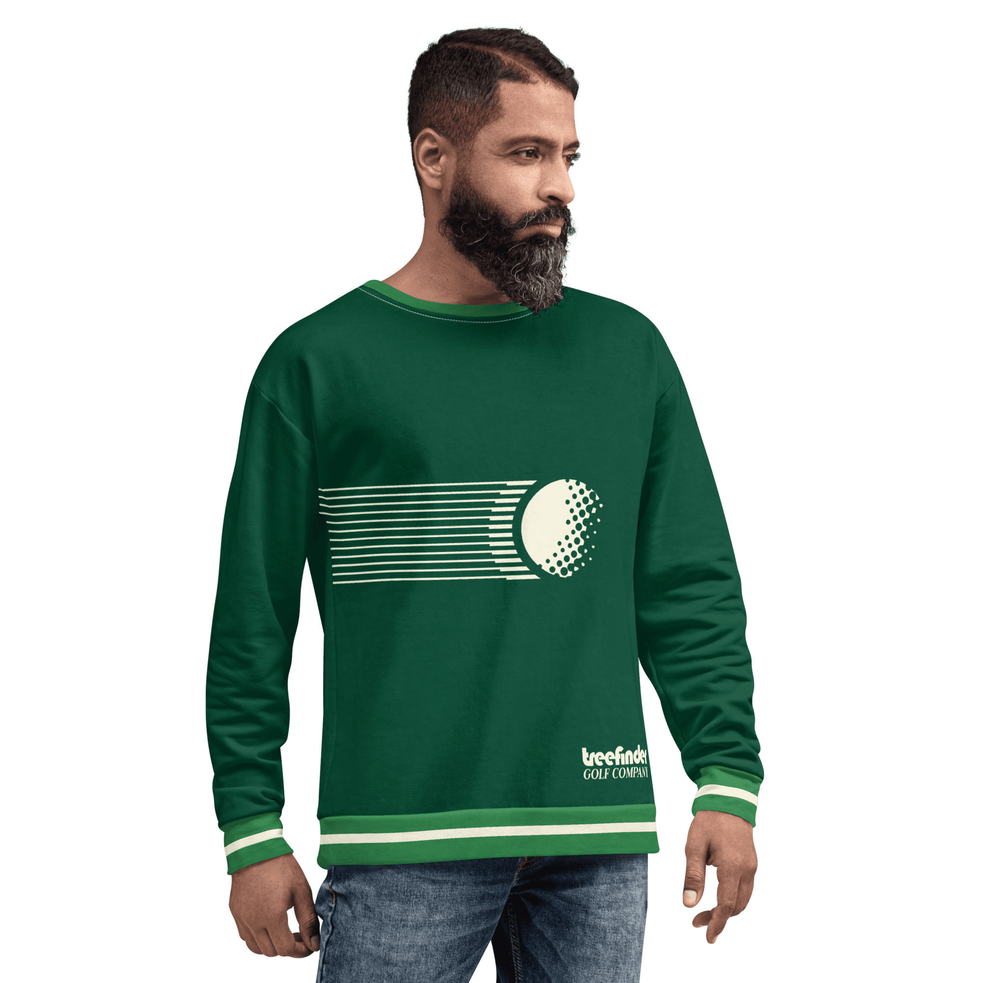 Graphic design mockup of mean wearing golf sweatshirt for Treefinder Golf Company — bold, wordmark style logo with decorative sans serif typography, designed by Will Lefkovich.